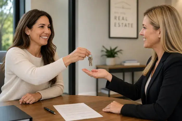 Woman handing over house keys at closing